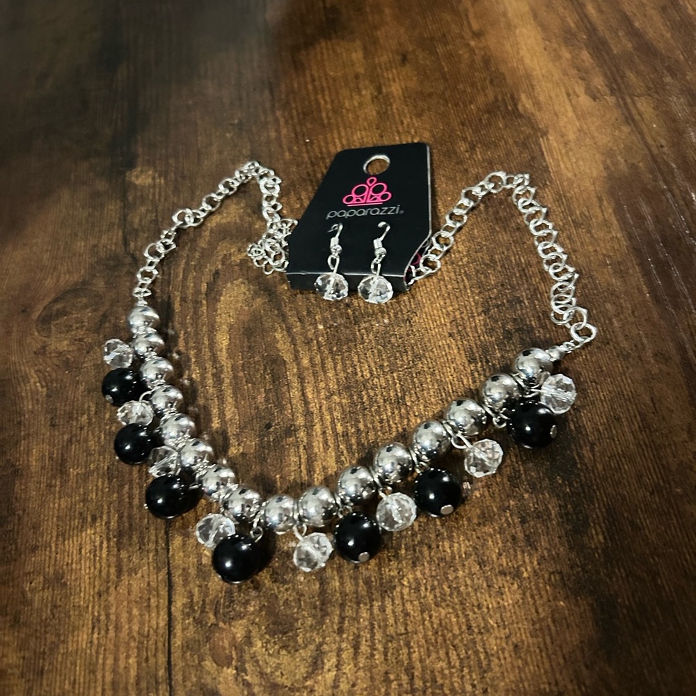 Paparazzi Silver Black Clear Bead‎ Necklace and Earring Set Jewelry